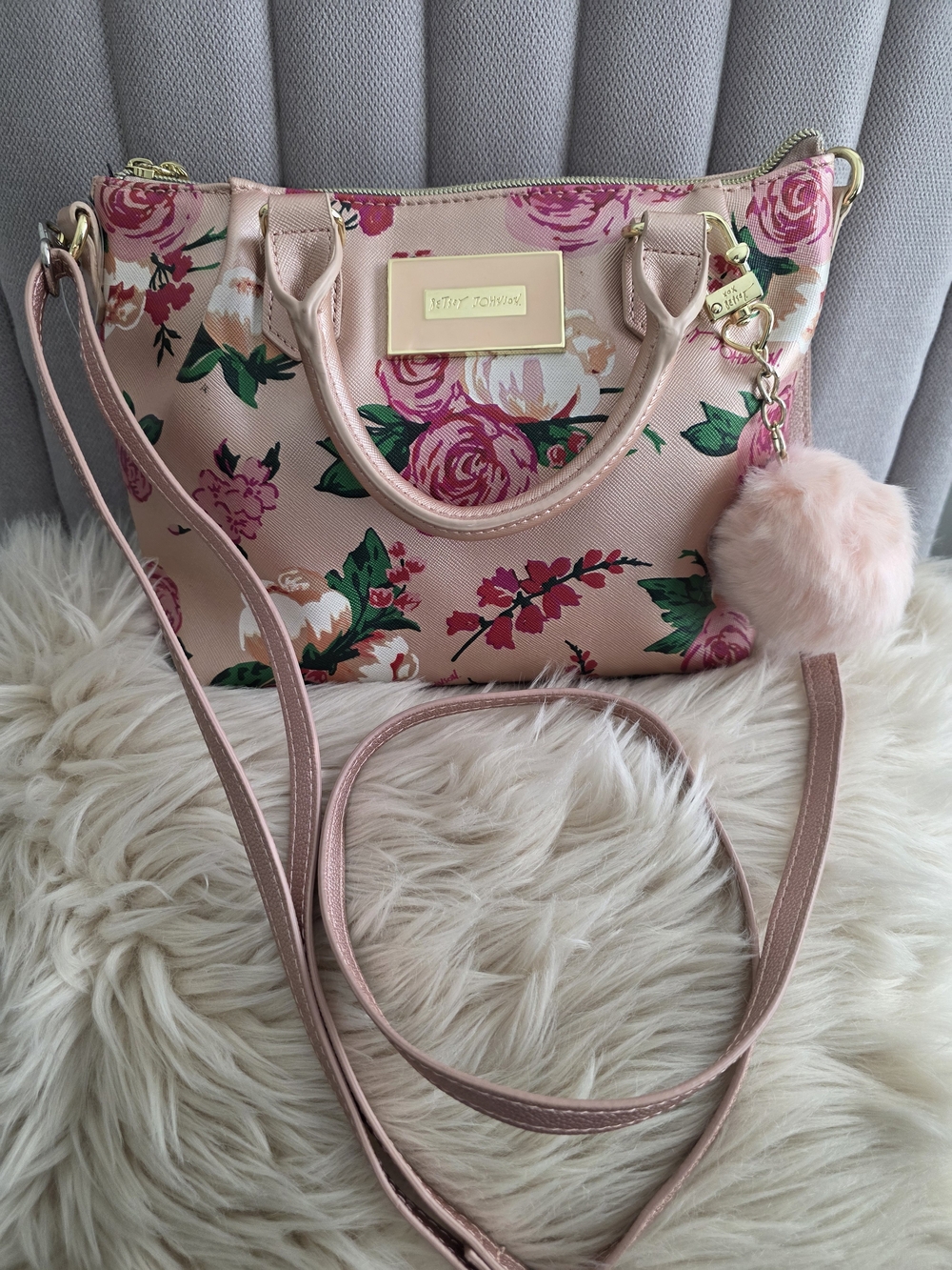 Betsey Johnson Pink Floral Crossbody Bag with Pom Charm, Used Like New.